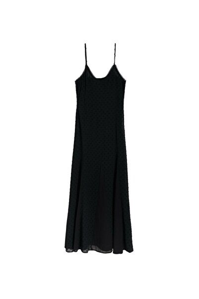 NO BRAND Rochie maxi neagră, simplă, clasică, cu bretele, cu textură, mărimea S