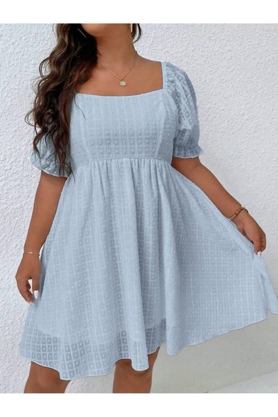 NO BRAND Rochie albastră florală cu imprimeu în carouri, mânecă scurtă, cu vo...
