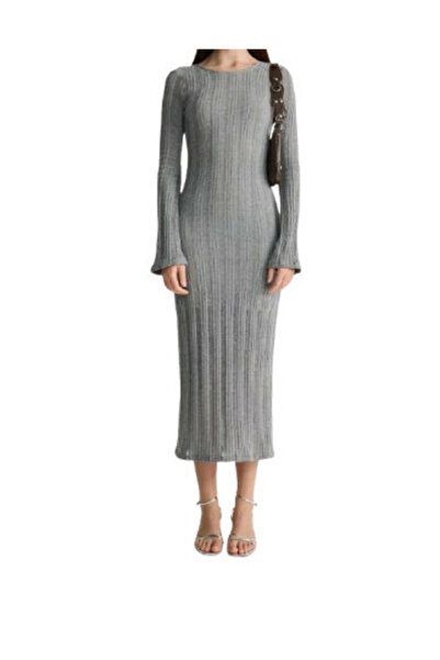 NO BRAND Rochie clasică tricotată simplă, gri, Midaxi, cu detaliu decupat la ...