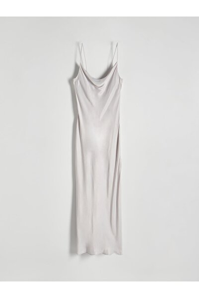 NO BRAND Reserved m Rochie maxi gri din satin neted de viscoză, cu bretele