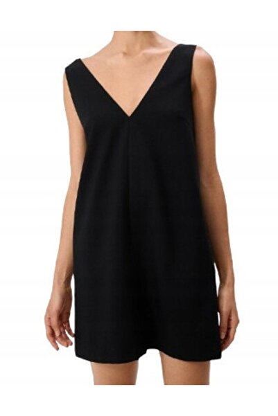NO BRAND Rochie mini neagră clasică, netedă, cu decolteu în V, mărimea S.