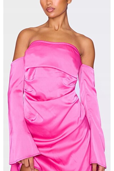 NO BRAND Rochie mini din satin roz, netedă, cu umerii goi, Prettylittlething 34