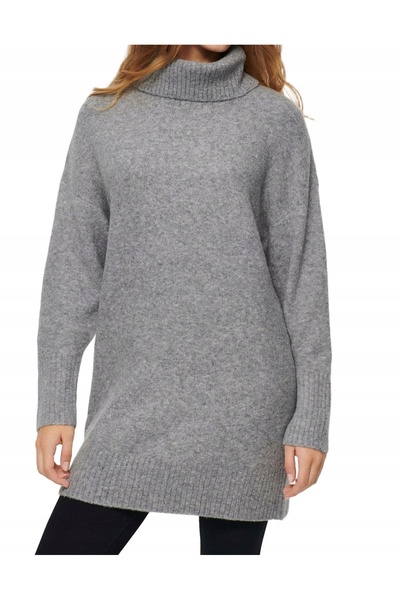 NO BRAND Rochie tricotată mini gri deschis cu guler înalt Classic House XL