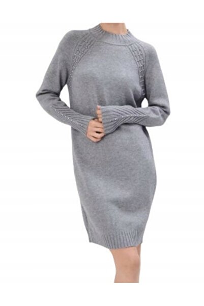 NO BRAND Rochie mini tricotată gri, mulată, cu mâneci lungi, cu mărgele, Mohi...