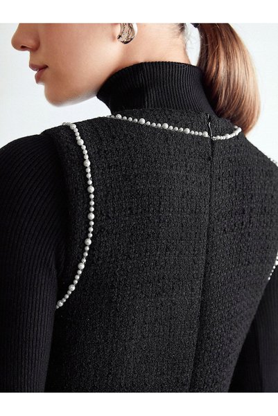 NO BRAND Rochie mini neagră clasică din tweed cu mărgele decorative Motf XS