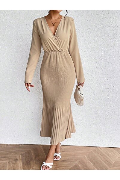 NO BRAND Rochie bej Midaxi plisată cu mânecă lungă Shein 38