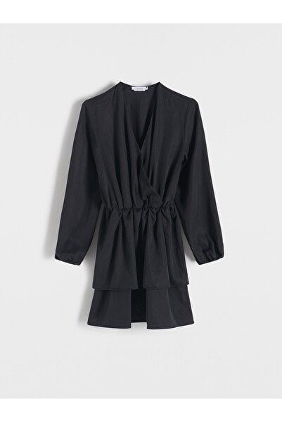 NO BRAND Rochie mini neagră clasică evazată cu volane, rezervată