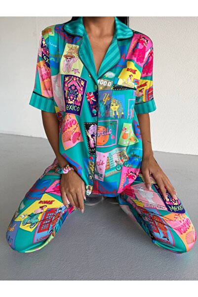 Pijamaya Saten Vintage Travel Düğmeli Renkli Pijama Takımı