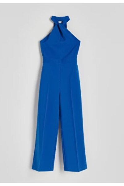 NO BRAND Salopetă cobalt netedă, lungă, cu guler halter, cu picior larg, mări...