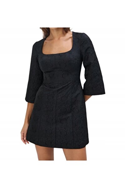 NO BRAND Rochie mini neagră jacard cu mânecă 3/4, cu imprimeu vegetal, mohito 32