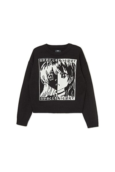 NO BRAND Pulover negru cu motiv Mangi, mâneci lungi, guler rotund, XS