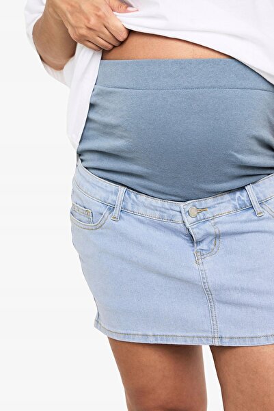 NO BRAND Fustă mini din denim albastră, croială pentru gravide, cu buzunare, ...