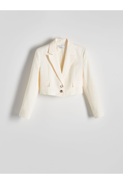 NO BRAND Jachetă scurtă crem din piele întoarsă, tip blazer, la un rând de na...