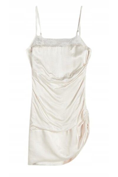 NO BRAND Rochie mini clasică ecru cu bretele din satin, brodată, cambrată, Re...