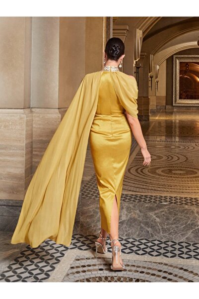 NO BRAND Rochie maxi elegantă, galbenă, tip creion, decorată, cu guler înalt,...