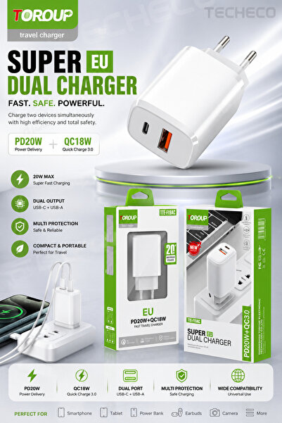 Toroup TTE-F19AC Încărcător rapid de perete 20W PD + 18W QC3.0, cu porturi du...