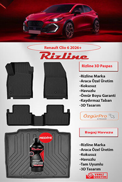 Rizline Premium Renault Clio 6 2026 ve Sonrası 3D Havuzlu Paspas ve Bagaj Havuzu