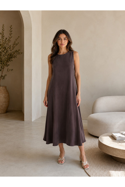 LACASE Women's Tencel Fabric Modal Black Crew Neck Casual Dress