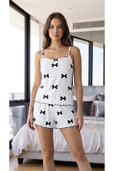 Sude HOMEWEAR Kadın İp Askılı Bambu Fiyonk Desenli Şort