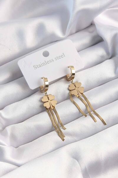 Mega Bazaar 316L Steel Gold Color Italian Chain Clover Model Hoop Earrings