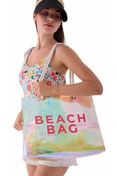 Luzza Bag Hologram Diamond Pembe Beach Bag Baskılı Plaj Çantası