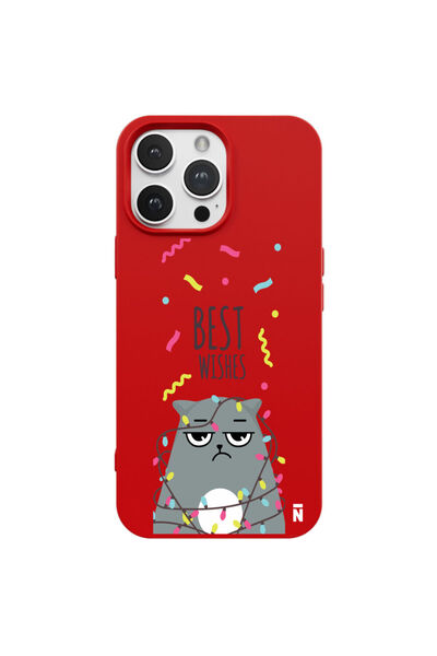 Casen iPhone 16 Pro Kırmızı Lansman Renkli Silikon Best Wishes Kedi Tasarımlı...