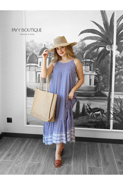 CapriMare Blue Geometric Patterned Strappy Viscose Summer Dress |   Fayy Bout...