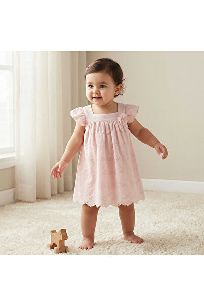 giggles Square Neck Short Sleeve Dress with Embroidery