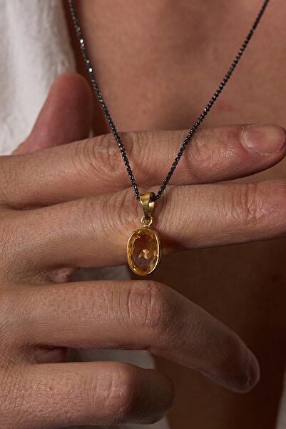 Ricco Jewellery 14 K Altın Kaplama Fasetli Doğal Sitrin Kolye