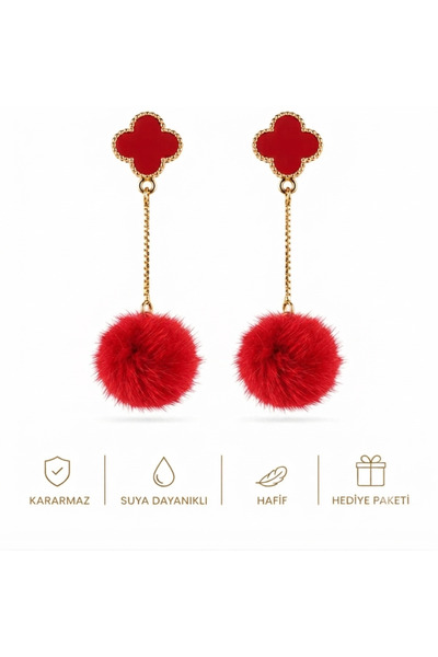 1PARÇAMAVİ Non-Perforated Women's Earrings - Red Clover Earrings