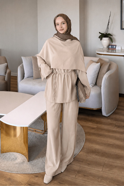 lamelif Shawl Trouser Set Beige