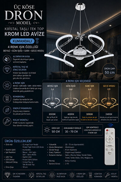 Genel Markalar Üç Köşe Dron Model Kristal Taşlı Tek Toplu Krom LED Avize - 4 ...