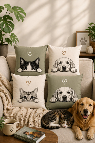 Befahomes Kedi Kırlent Kılıfı Köpek Kırlent Kılıfı 4'lü Raşel Dekoratif Kırle...