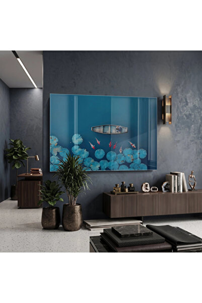 KOLAJTASARIM Koi Lotus Nuanțe albastre închise Tablou din sticlă unică Decor ...