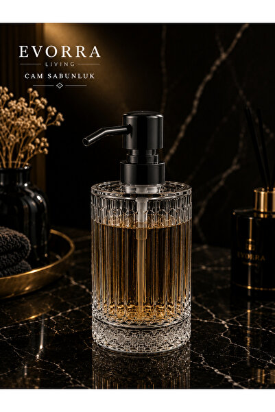 EVORRA LİVİNG Çizgili Cam Sıvı Sabunluk 400 ml Siyah Pompalı Cam Sabunluk