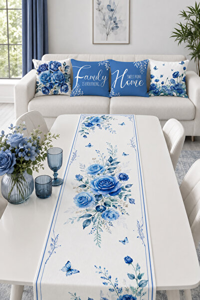 Bebişim Halı Blue Rose and Butterfly Patterned Runner and Set of 4 Throw Pill...