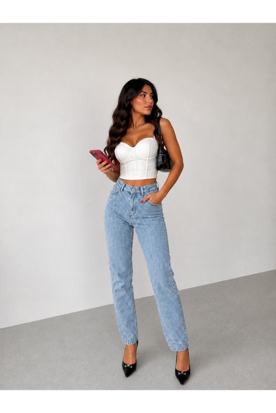 SHEVEGA Mamaliga Kadın Buz Mavi Taş Detaylı Boyfriend Mom Jeans Kot Pantolon