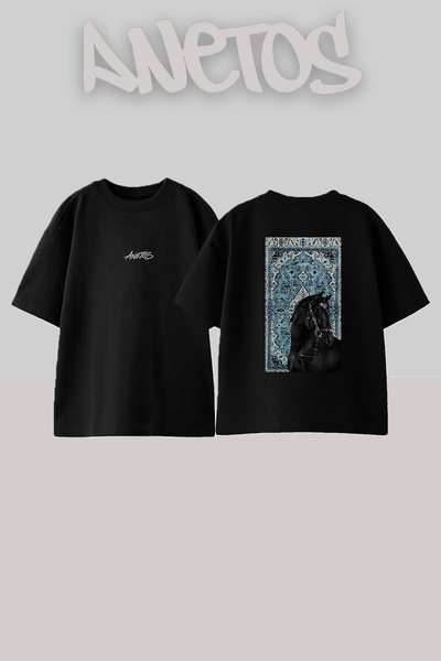 Anetos Black Horse Rug Design Back Printed Cotton Black Oversize T-Shirt
