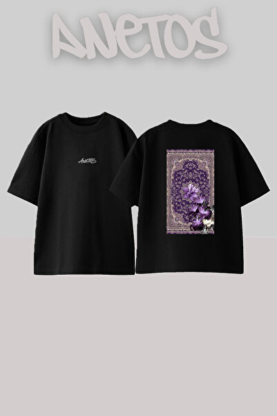 Anetos Purple Flower Pattern Design Back Printed Cotton Black Oversize T-Shirt