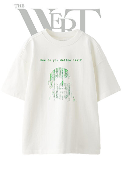 THEWERT Matrix Neo Design Printed Unisex White Oversize T-Shirt
