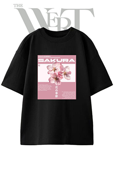 THEWERT Pink Sakura Design Printed Unisex Black Oversize T-Shirt
