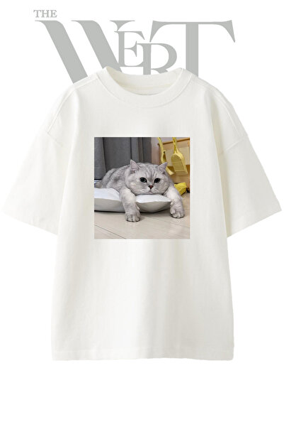 THEWERT Silver British Shorthair Design Printed Unisex White Oversize T-Shirt