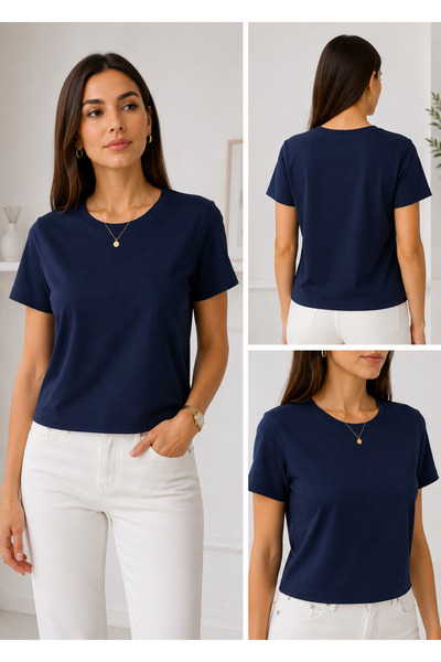Parkur Women's Single Jersey Crew Neck Short Sleeve Belted Basic T-Shirt – Navy Blue