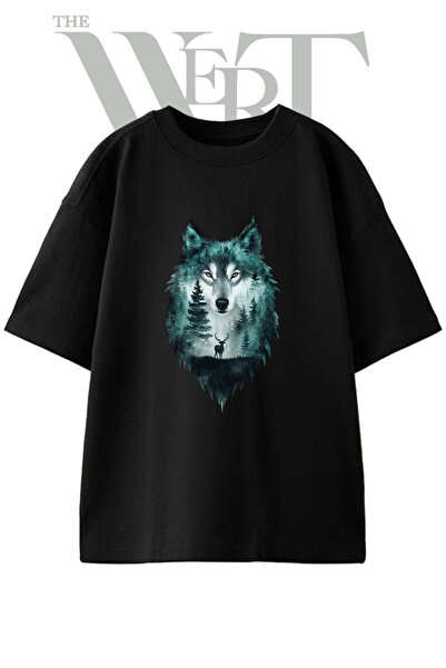 THEWERT Wolf Forest Design Printed Unisex Black Oversize T-Shirt