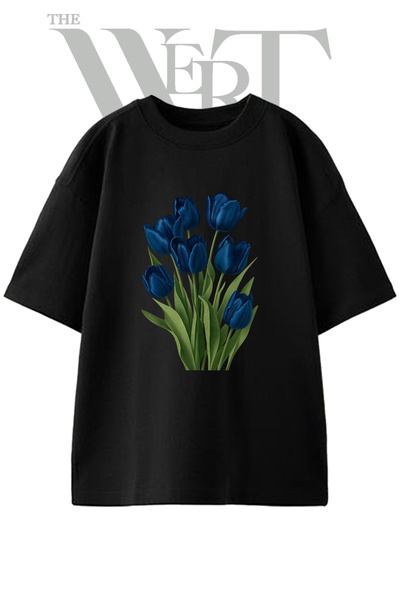 THEWERT Tricou oversize negru unisex cu imprimeu Blue Tulips Design