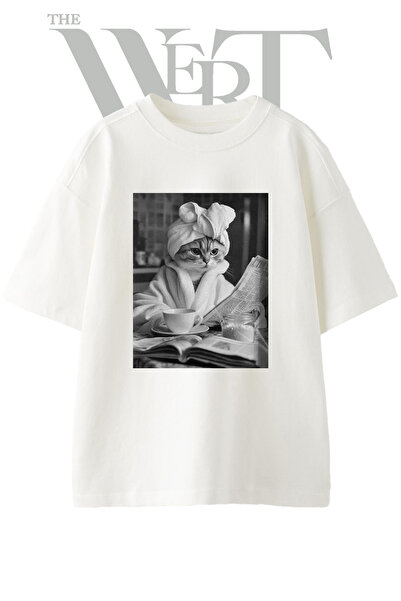 THEWERT Cat Towel Design Printed Unisex White Oversize T-Shirt
