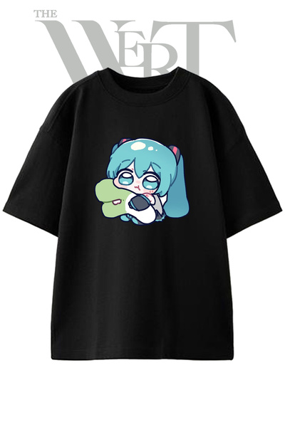 THEWERT Hatsune Miku_14 Tasarım Baskılı Ünisex Siyah Oversize T-shirt