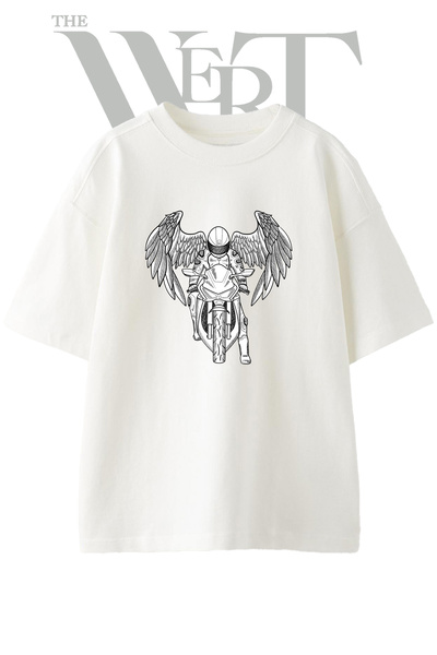 THEWERT Biker Angel Design Printed Unisex White Oversize T-Shirt