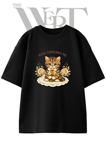 THEWERT Μπλουζάκι Unisex με στάμπα Rage Kitten Design, μαύρο, oversized