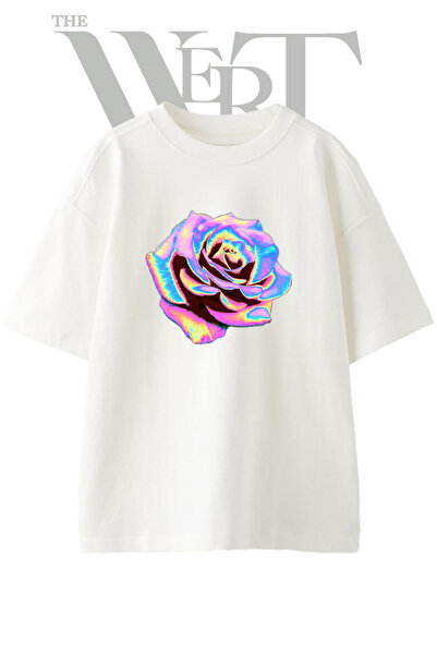 THEWERT Neon Rose Design Printed Unisex White Oversize T-Shirt